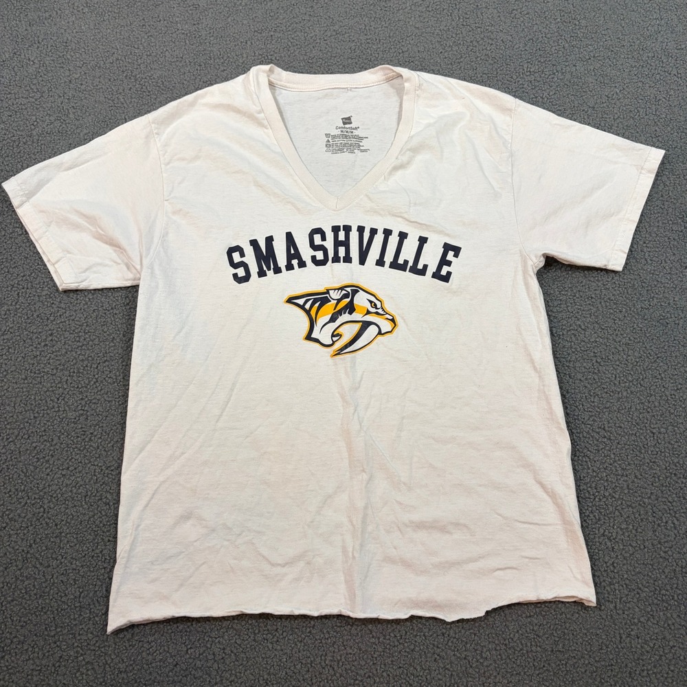 Hanes T-Shirt Unisex M White Smashville Nashville Predators Hockey V-Neck Tee